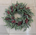 Frosted Eucalyptus Christmas Wreath with Red Berries, Artificial Winter Greenery Wreath for Front Door, Wall, Mantel, Holiday Home Decor