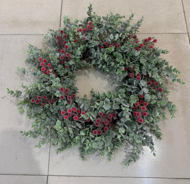 Frosted Eucalyptus Christmas Wreath with Red Berries, Artificial Winter Greenery Wreath for Front Door, Wall, Mantel, Holiday Home Decor