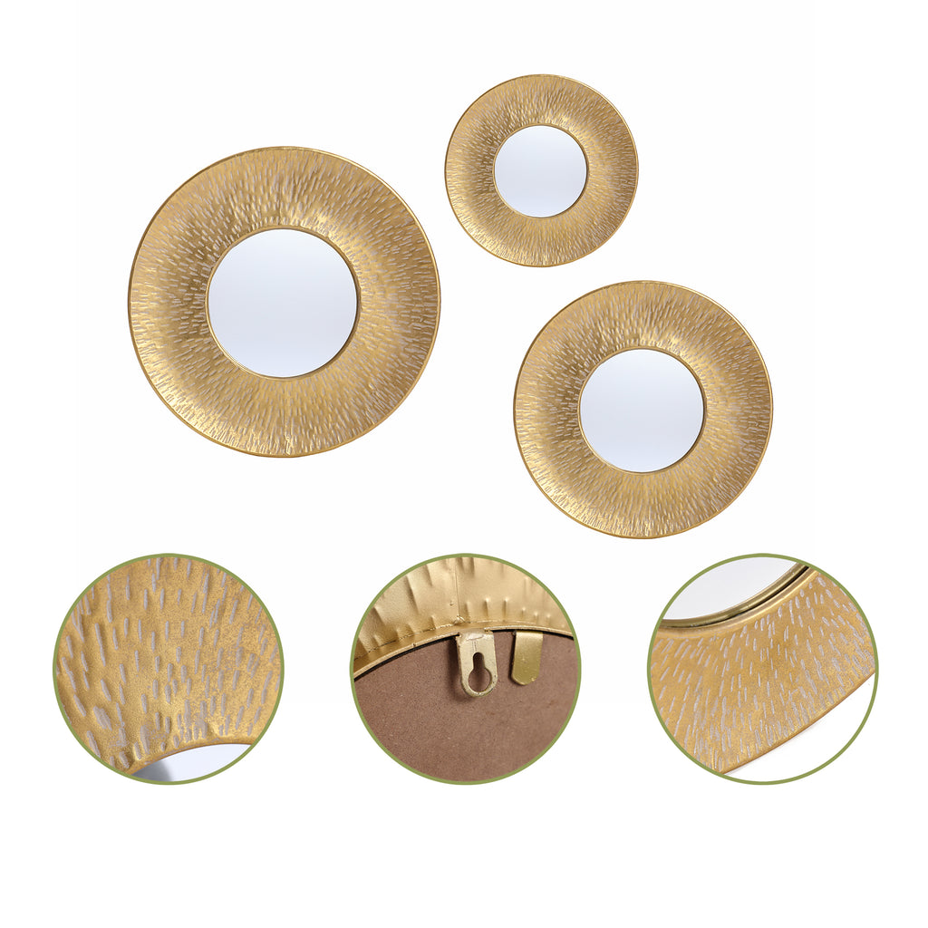 3-Piece Gold Metal Round Wall Mirror Set
