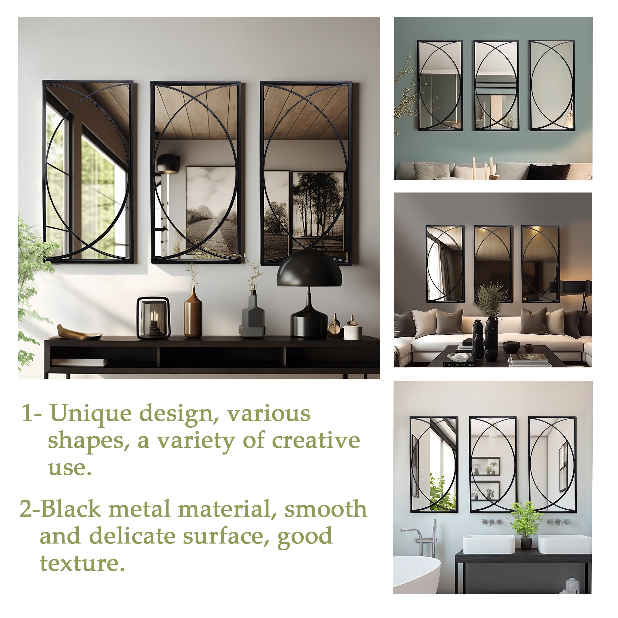 3-Piece Black Metal Rectangular Wall Mirror Set