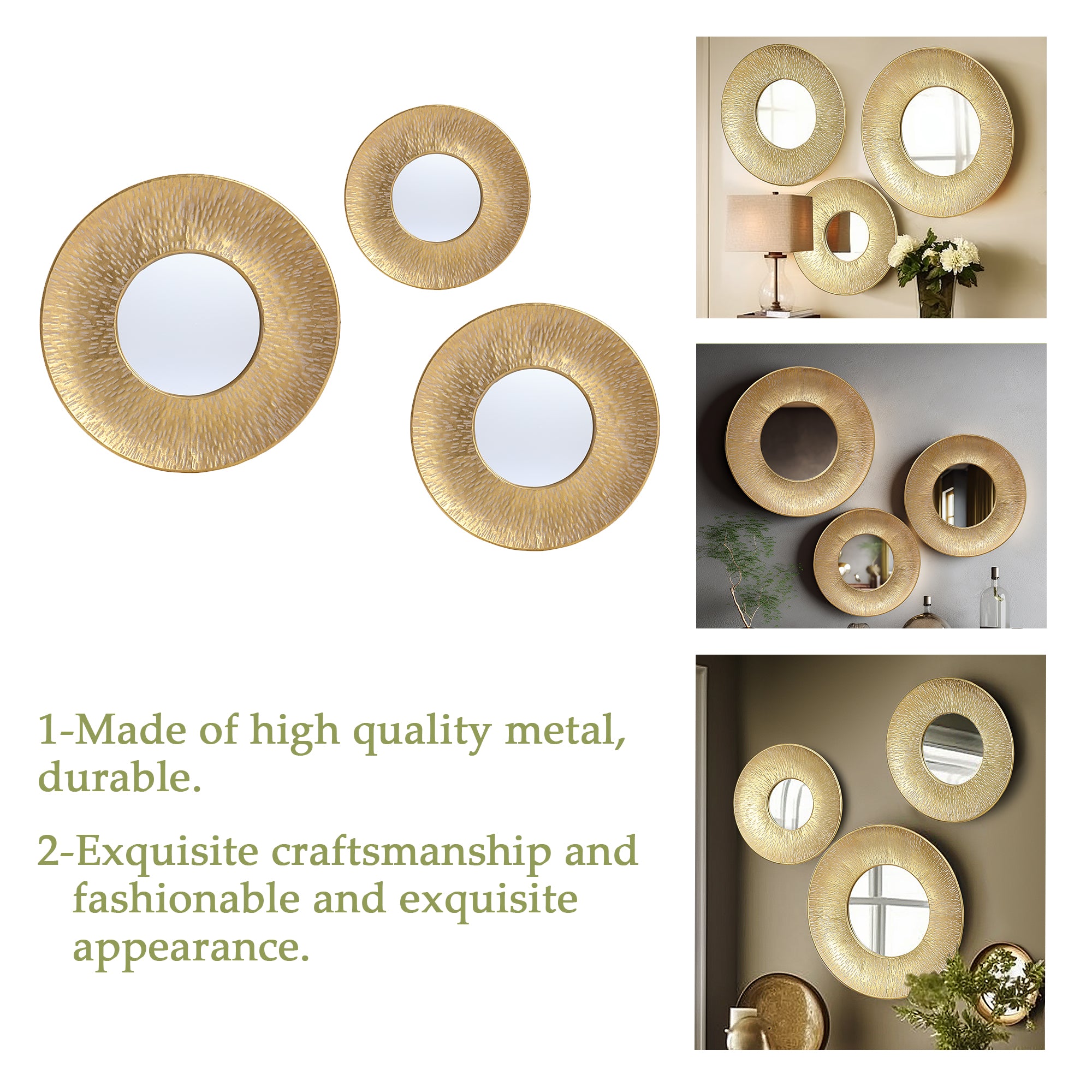 3-Piece Gold Metal Round Wall Mirror Set