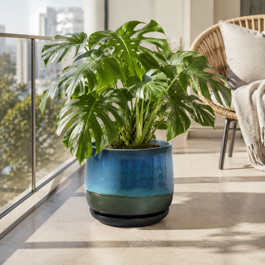 Ridge Glazed Ceramic Round Planter, Blue-Green Ombre, 10.5"