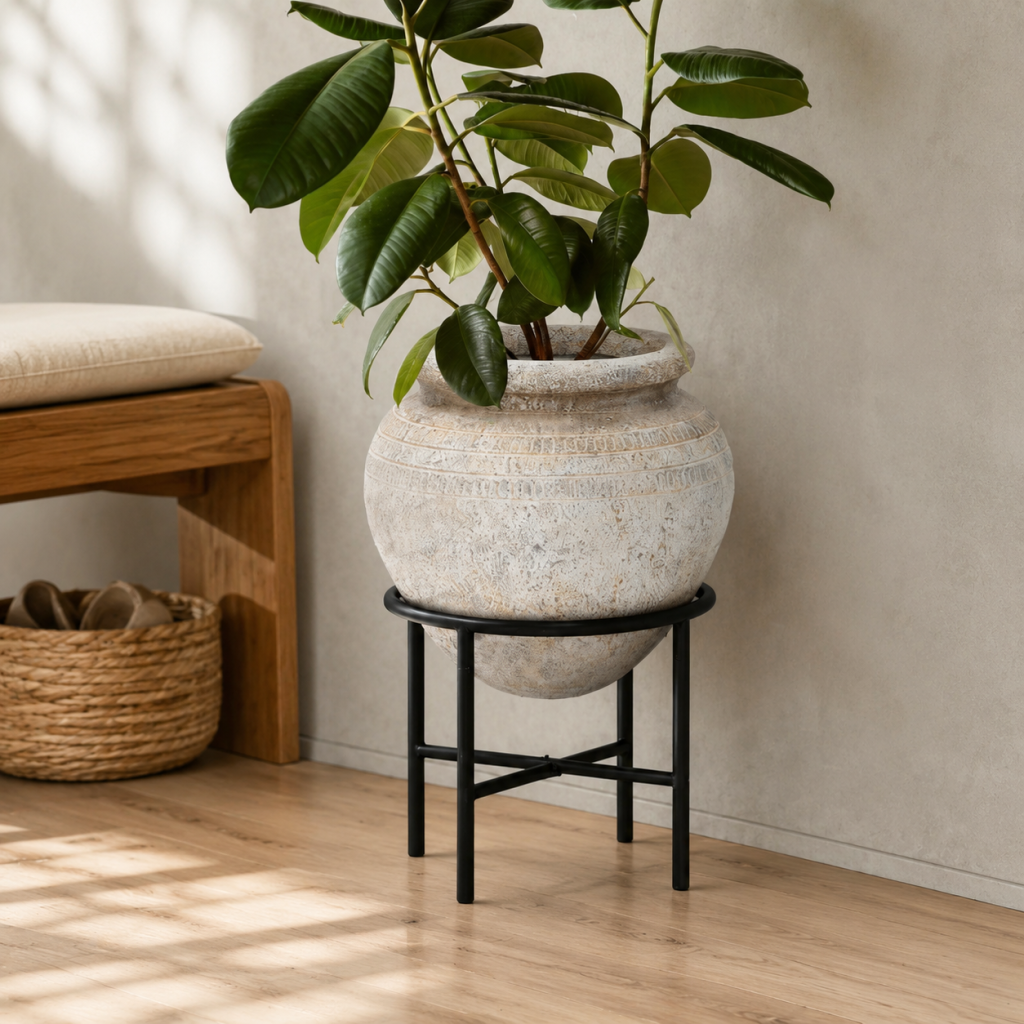 Cauldron MgO Cachepot with Metal Stand, Antique White