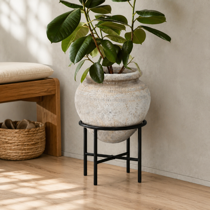 Cauldron MgO Cachepot with Metal Stand, Antique White