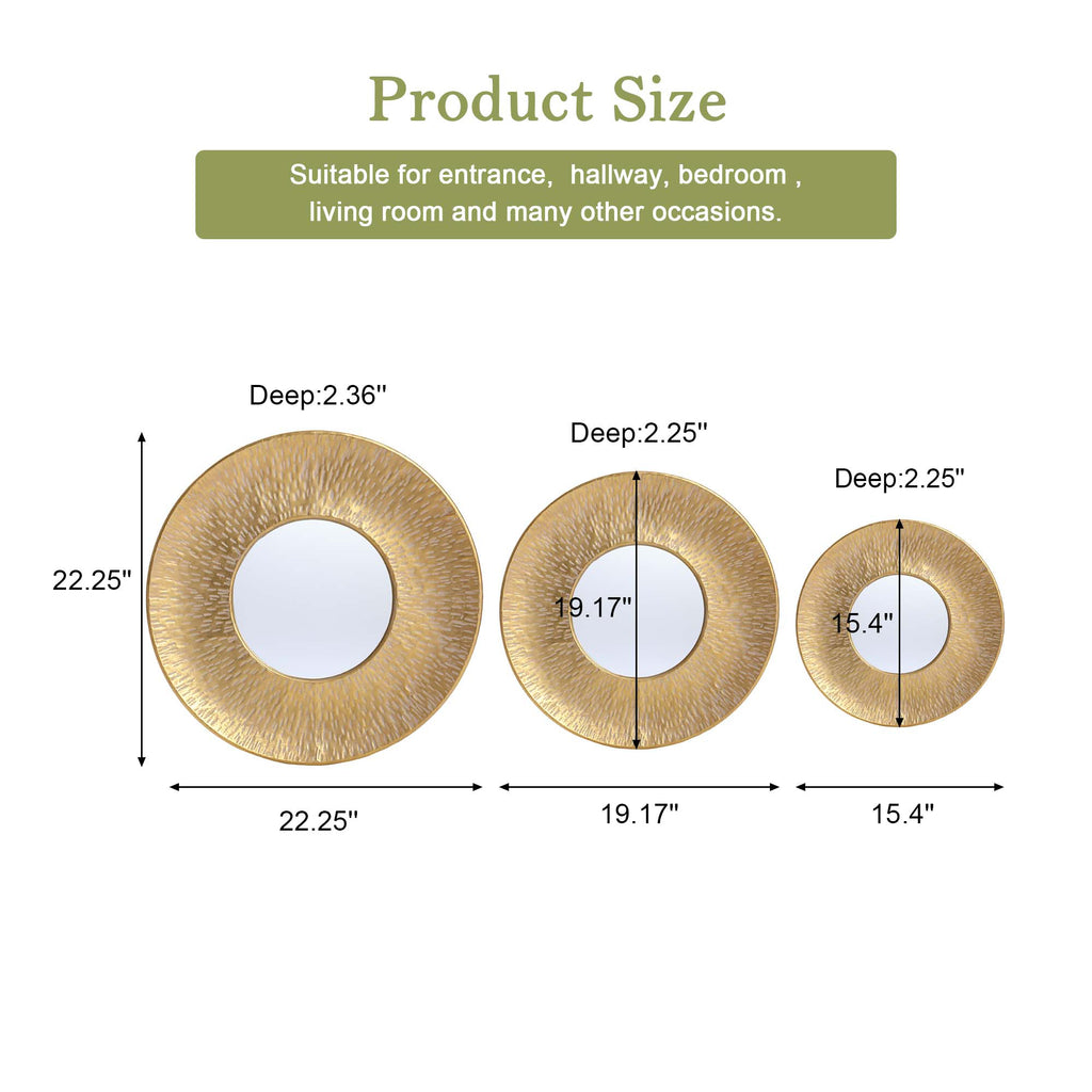 3-Piece Gold Metal Round Wall Mirror Set